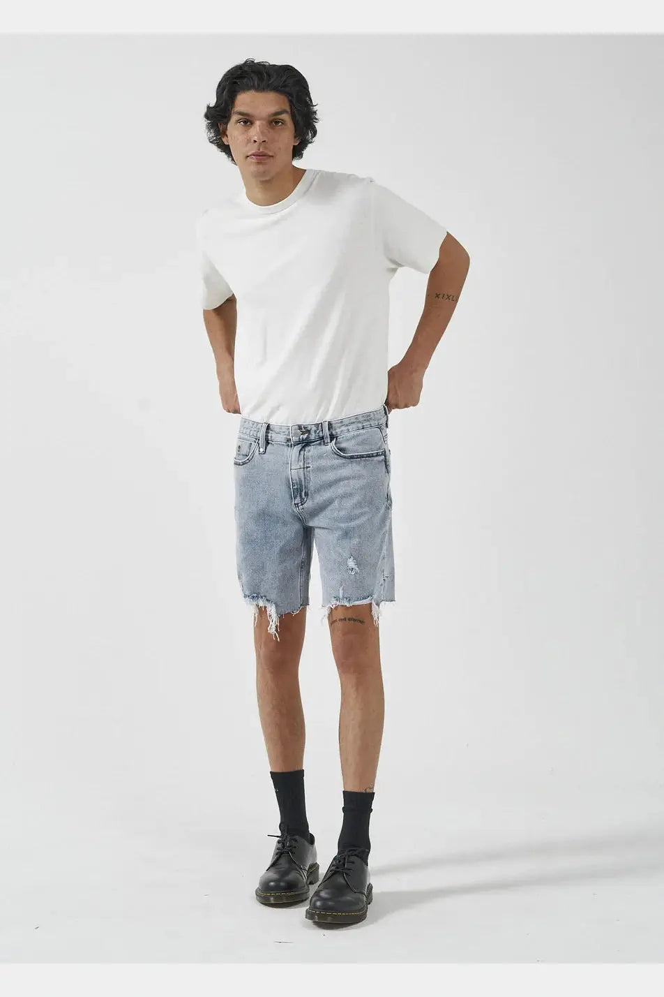 Men's floral print silk blend shorts for a unique night - out lookThrills Destroyed Bones Denim Short- Garage Blue Men's floral print silk blend shorts for a unique night - out lookThrills Destroyed Bones Denim Short- Garage Blue