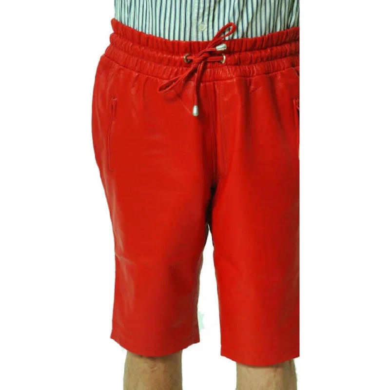 Men's button - fly denim work shorts for durability on the jobMens Red Leather Shorts Genuine Nappa Sheepskin