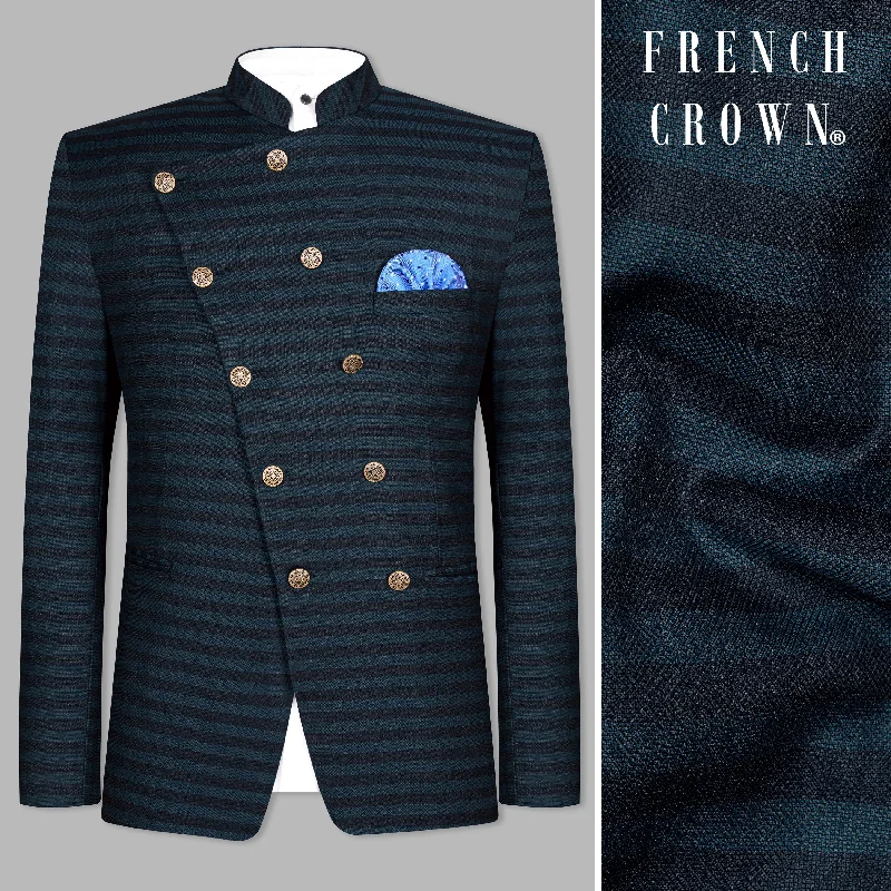 Plus Size Men's Charcoal Grey Linen Blazer with Notch Lapel for a Summer - Ready StyleBluish Blue And Jade Black Striped Cross Placket Bandhgala Blazer Plus Size Men's Charcoal Grey Linen Blazer with Notch Lapel for a Summer - Ready StyleBluish Blue And Jade Black Striped Cross Placket Bandhgala Blazer