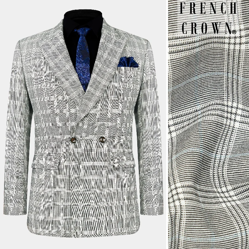 Men's Linen - Cotton Blend Blazer in Tan with Roll - Up Sleeves for a Laid - Back Summer LookBronco Gray and White Plaid Double Breasted Blazer Men's Linen - Cotton Blend Blazer in Tan with Roll - Up Sleeves for a Laid - Back Summer LookBronco Gray and White Plaid Double Breasted Blazer
