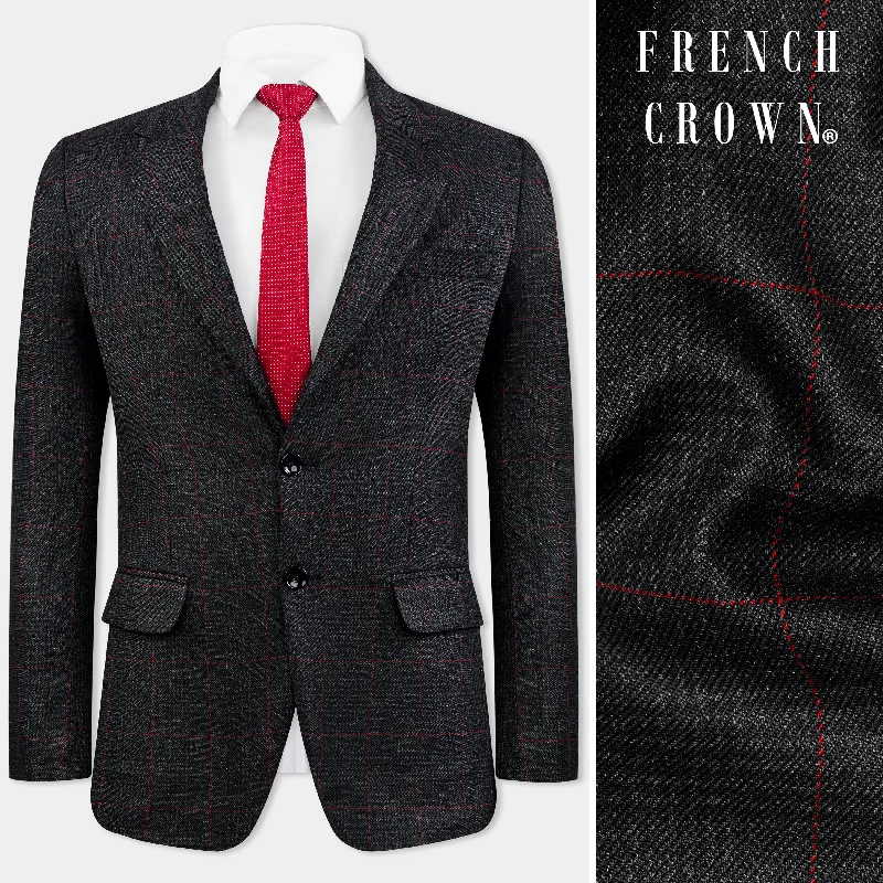 Men's Metallic - Trimmed Blazer in Silver for a Glamorous and Eye - Catching Party AttireBunker Black and Maple Red Windowpane Tweed Blazer
