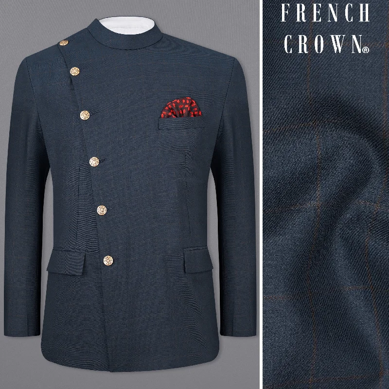 Men's Slim Fit Plaid Blazer in Red and Black for a Festive and Fashionable Holiday LookEbony Clay Blue Windowpane Cross Placket Bandhgaala Blazer Men's Slim Fit Plaid Blazer in Red and Black for a Festive and Fashionable Holiday LookEbony Clay Blue Windowpane Cross Placket Bandhgaala Blazer