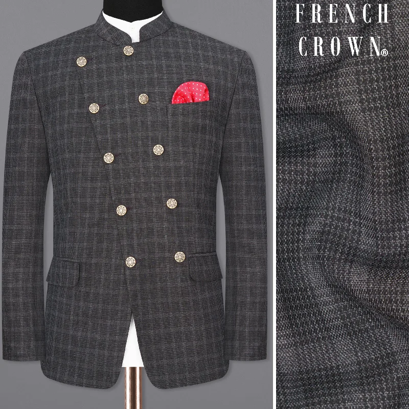 Slim Fit Men's Navy Blue Wool Blazer for a Classic and Professional LookIridium Plaid Cross Placket Bandhgala Blazer Slim Fit Men's Navy Blue Wool Blazer for a Classic and Professional LookIridium Plaid Cross Placket Bandhgala Blazer