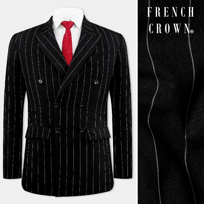 Men's Double - Breasted Velvet Blazer in Burgundy for a Sophisticated Evening OutfitJade Black and White Striped Wool Rich Double Breasted Blazer