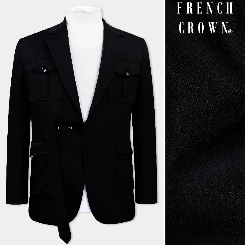 Plus Size Men's Herringbone Patterned Blazer in Grey for a Timeless and Sophisticated AppearanceJade Black Subtle Sheen Patch Pockets Sport Blazer