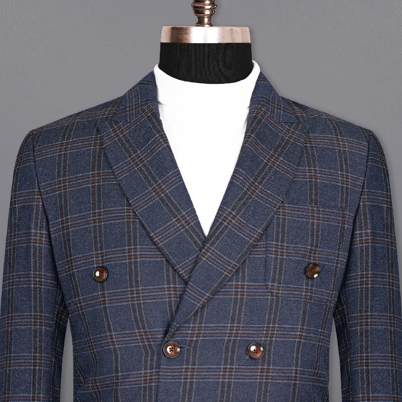 Men's Tweed Blazer in Brown with Leather Elbow Patches for a Classic and Academic StyleLicorice Blue Plaid heavyweight tweed Wool Rich Double Breasted Blazer