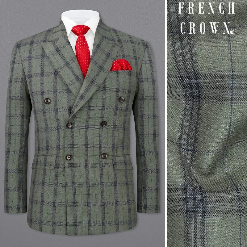 Plus Size Men's Herringbone Patterned Blazer in Grey for a Timeless and Sophisticated AppearanceLimed Green and Martinique Blue Plaid Double Breasted Blazer