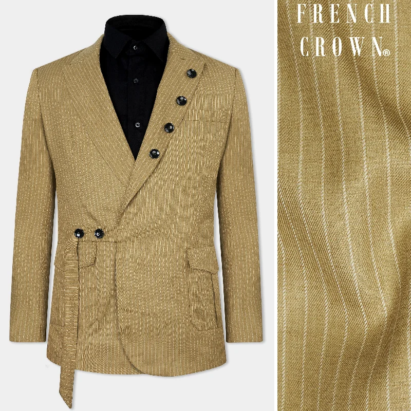Men's Linen - Cotton Blend Blazer in Tan with Roll - Up Sleeves for a Laid - Back Summer LookMuddy Brown Striped Wool Rich Designer Blazer Men's Linen - Cotton Blend Blazer in Tan with Roll - Up Sleeves for a Laid - Back Summer LookMuddy Brown Striped Wool Rich Designer Blazer