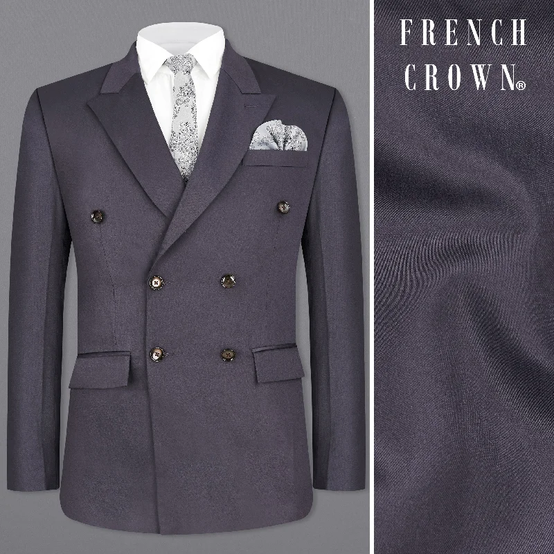 Men's Pin - Striped Wool - Blend Blazer in Navy and White for a Traditional Business AttirePorpoise Grey Subtle Sheen Wool Blend Double Breasted Blazer