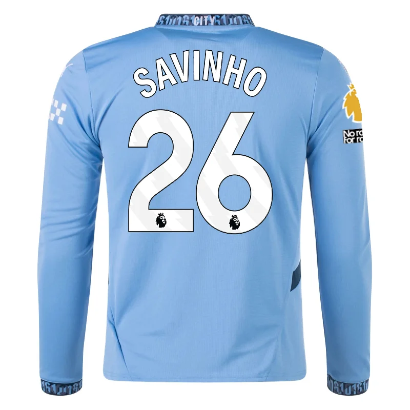 Men's Authentic Soccer Jerseys of National Teams for International Football EventsPuma Manchester City Savinho Home Long Sleeve Jersey w/ EPL + No Room For Racism Patch 24/25 (Team Light/Marine Blue) Men's Authentic Soccer Jerseys of National Teams for International Football EventsPuma Manchester City Savinho Home Long Sleeve Jersey w/ EPL + No Room For Racism Patch 24/25 (Team Light/Marine Blue)