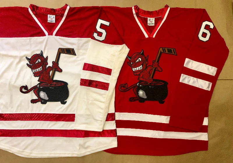 Men's Basketball Jerseys with Signature Player Logos for a Fan - Favorite LookRed and White Hockey Jerseys with a Devil and Cauldron Twill Logo Men's Basketball Jerseys with Signature Player Logos for a Fan - Favorite LookRed and White Hockey Jerseys with a Devil and Cauldron Twill Logo