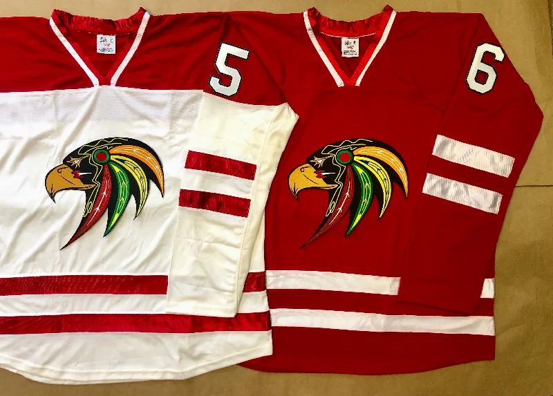 Men's Breathable Polyester Running Jerseys in Bright Neon Colors for High - Visibility WorkoutsRed and White Hockey Jerseys with a Hawk Twill Logo Men's Breathable Polyester Running Jerseys in Bright Neon Colors for High - Visibility WorkoutsRed and White Hockey Jerseys with a Hawk Twill Logo