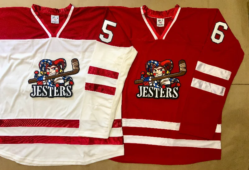 Men's Vintage American Football Jerseys of Legendary Teams for Collectors and FansRed and White Hockey Jerseys with the Jesters Embroidered Twill Logo Men's Vintage American Football Jerseys of Legendary Teams for Collectors and FansRed and White Hockey Jerseys with the Jesters Embroidered Twill Logo