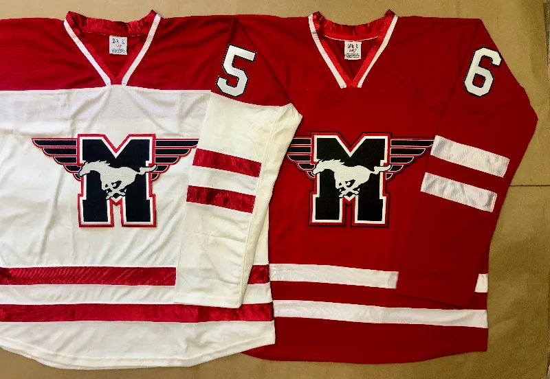 Men's Basketball Jerseys with Signature Player Logos for a Fan - Favorite LookRed and White Hockey Jerseys with the Mustangs Twill Logo Men's Basketball Jerseys with Signature Player Logos for a Fan - Favorite LookRed and White Hockey Jerseys with the Mustangs Twill Logo