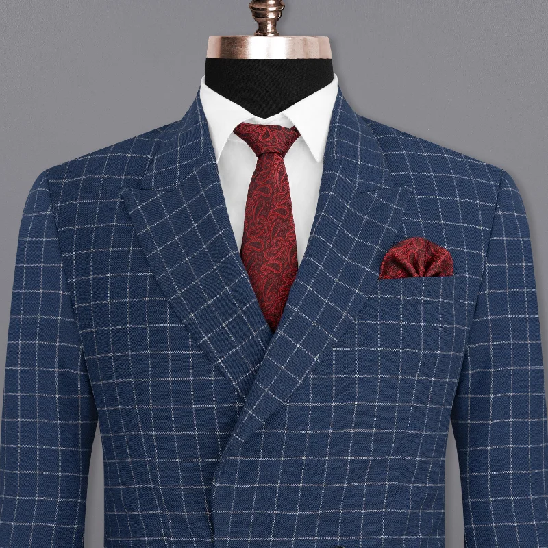 Slim Fit Men's Navy Blue Wool Blazer for a Classic and Professional LookRhino Blue Super fine Checkered Double Breasted Premium Cotton Blazer