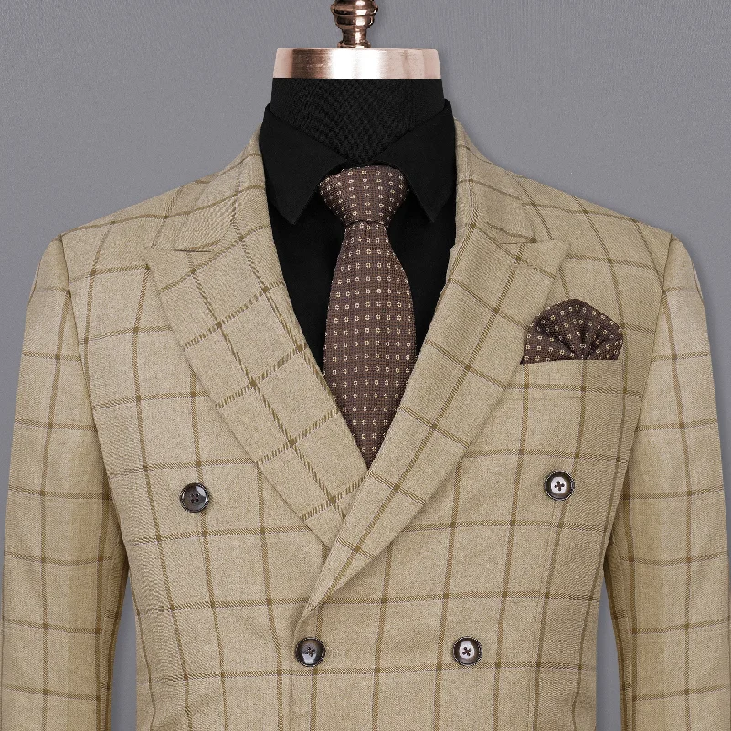 Slim Fit Men's Navy Blue Wool Blazer for a Classic and Professional LookRodeo Dust Brown Windowpane Double Breasted Blazer