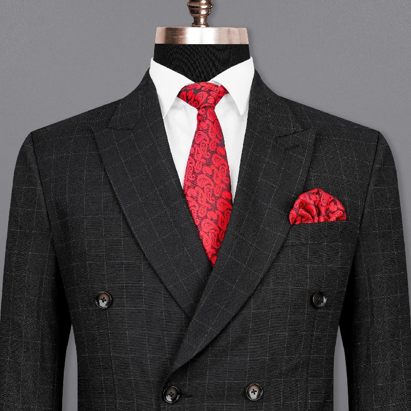 Tall Men's Black Leather Blazer with Zipper Details for a Modern and Edgy LookZeus Black Windowpane Double Breasted Blazer