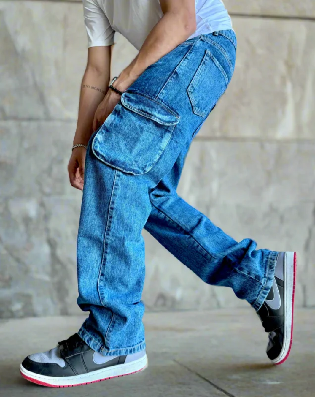 Men's Distressed Jeans with Patches for a Retro and DIY - Inspired AppearanceBlue Acid Wash Flap Pocket Side Cargo Jeans Men's Distressed Jeans with Patches for a Retro and DIY - Inspired AppearanceBlue Acid Wash Flap Pocket Side Cargo Jeans