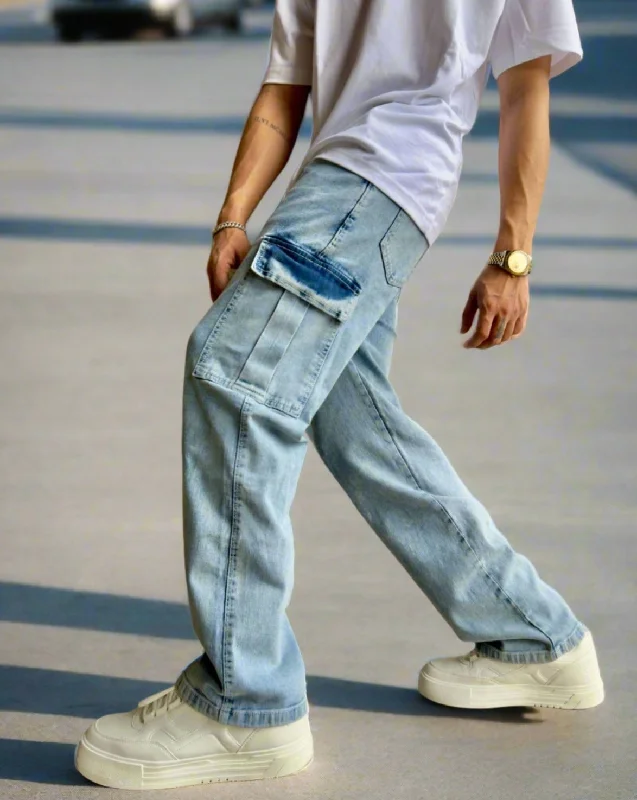 Men's High - Waisted Jeans in a Medium Wash for a Vintage - Style RevivalBlue Stone Faded Wash Cargo Jeans Men's High - Waisted Jeans in a Medium Wash for a Vintage - Style RevivalBlue Stone Faded Wash Cargo Jeans