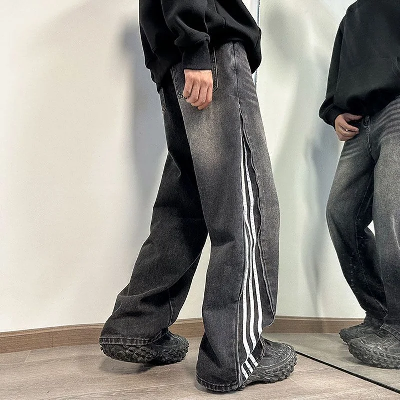 Plus Size Men's Straight Leg Jeans with Reinforced Knees for DurabilityCrazy Stripes Zipper Vintage Jeans Plus Size Men's Straight Leg Jeans with Reinforced Knees for DurabilityCrazy Stripes Zipper Vintage Jeans