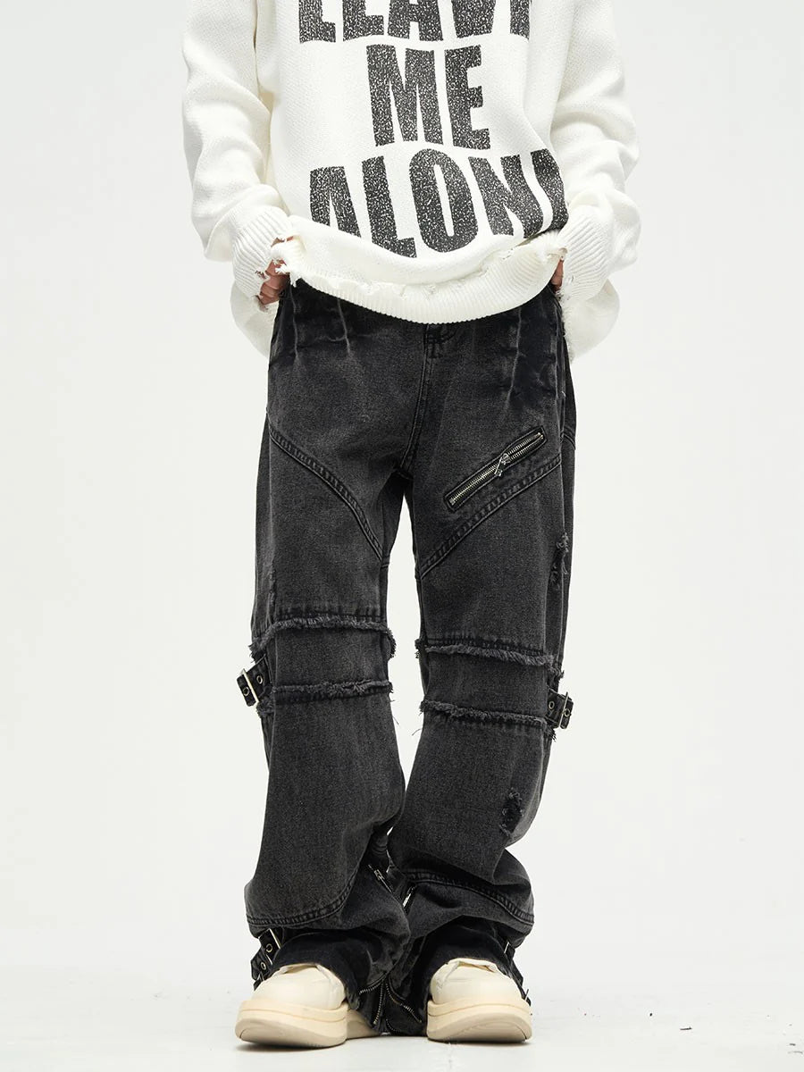 Men's Jeans with a Cargo - Inspired Knee Pocket for Extra StorageDestroyed Buckled Baggy Jeans Men's Jeans with a Cargo - Inspired Knee Pocket for Extra StorageDestroyed Buckled Baggy Jeans