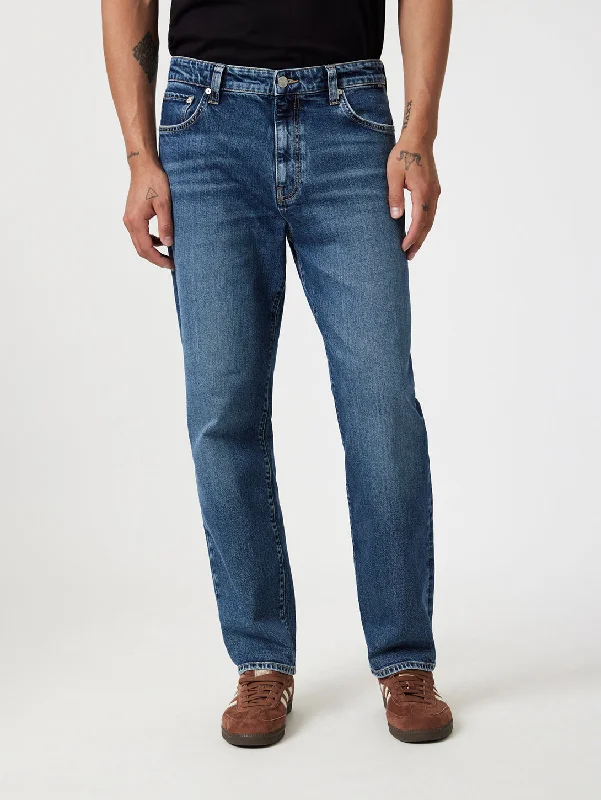 Men's Distressed Jeans with Patches for a Retro and DIY - Inspired AppearanceMarcel Jean - Mid Brushed Classic Blue Men's Distressed Jeans with Patches for a Retro and DIY - Inspired AppearanceMarcel Jean - Mid Brushed Classic Blue