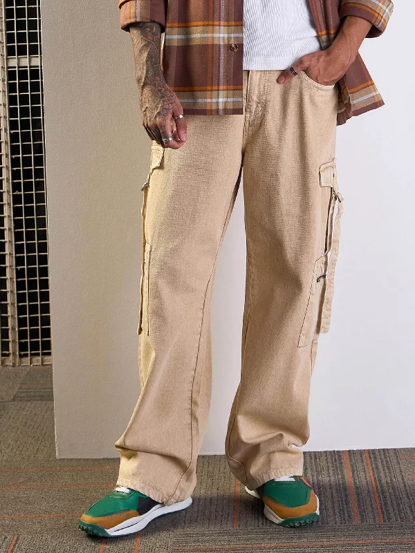 Men's Cargo Jeans with Multiple Pockets for a Practical and Outdoor - Friendly LookMen Beige Side Pocket Baggy Cargo Jeans Men's Cargo Jeans with Multiple Pockets for a Practical and Outdoor - Friendly LookMen Beige Side Pocket Baggy Cargo Jeans