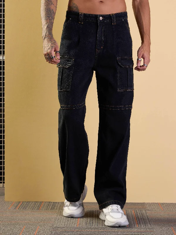 Men's Cargo Jeans with Multiple Pockets for a Practical and Outdoor - Friendly LookMen Black Side Pocket Baggy Cargo Jeans Men's Cargo Jeans with Multiple Pockets for a Practical and Outdoor - Friendly LookMen Black Side Pocket Baggy Cargo Jeans