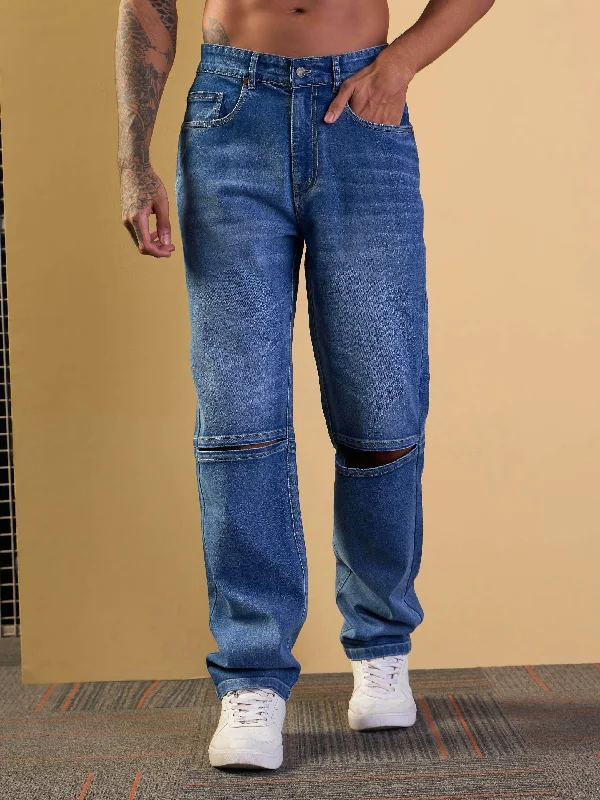 Plus Size Men's Straight Leg Jeans with Reinforced Knees for DurabilityMen Blue Knee Slit Open Relax Fit Jeans Plus Size Men's Straight Leg Jeans with Reinforced Knees for DurabilityMen Blue Knee Slit Open Relax Fit Jeans