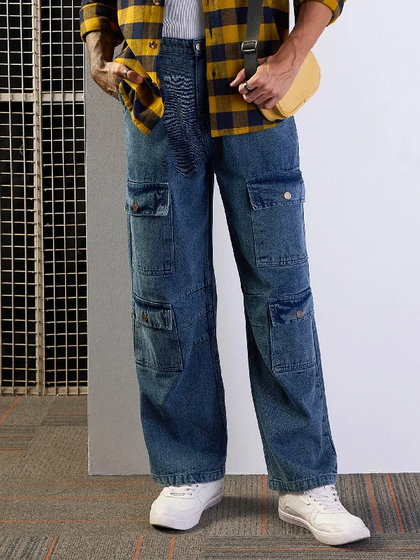 Men's Jeans with a Button - Fly for a Traditional and Classic AestheticMen Blue Multi Pocket Baggy Jeans Men's Jeans with a Button - Fly for a Traditional and Classic AestheticMen Blue Multi Pocket Baggy Jeans