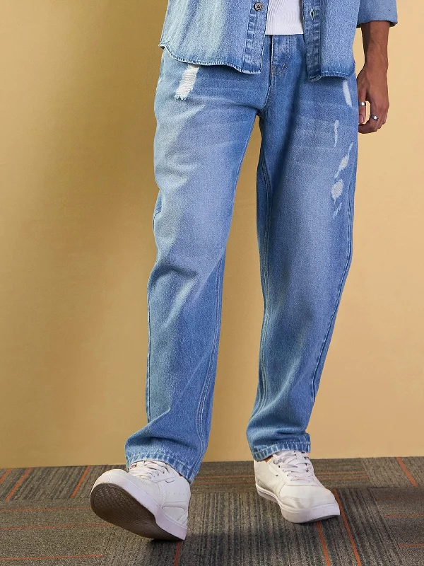 Plus Size Men's Straight Leg Jeans with Reinforced Knees for DurabilityMen Blue Washed Distressed Relax Fit Jeans
