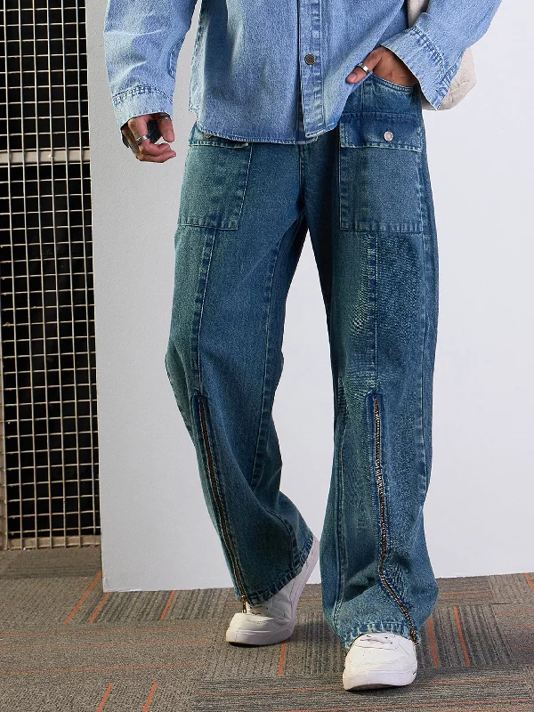Men's Ripped Skinny Jeans in Acid Wash for an Edgy and Punk - Inspired StyleMen Blue Washed Front Zipper Baggy Jeans Men's Ripped Skinny Jeans in Acid Wash for an Edgy and Punk - Inspired StyleMen Blue Washed Front Zipper Baggy Jeans
