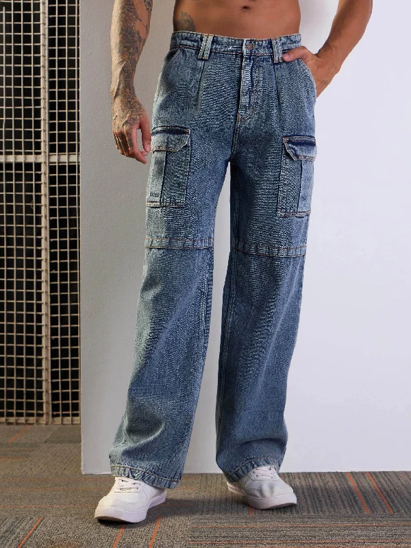Plus Size Men's Bootcut Jeans with a Belt Loop Upgrade for a Stylish TouchMen Blue Washed Side Pocket Baggy Cargo Jeans Plus Size Men's Bootcut Jeans with a Belt Loop Upgrade for a Stylish TouchMen Blue Washed Side Pocket Baggy Cargo Jeans