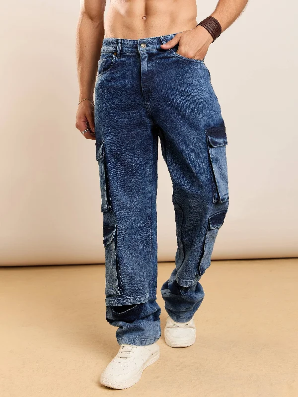 Plus Size Men's Relaxed Fit Jeans with a Faded Wash for a Vintage - Inspired LookMen Blue Washed Utility Pocket Relax Fit Jeans Plus Size Men's Relaxed Fit Jeans with a Faded Wash for a Vintage - Inspired LookMen Blue Washed Utility Pocket Relax Fit Jeans