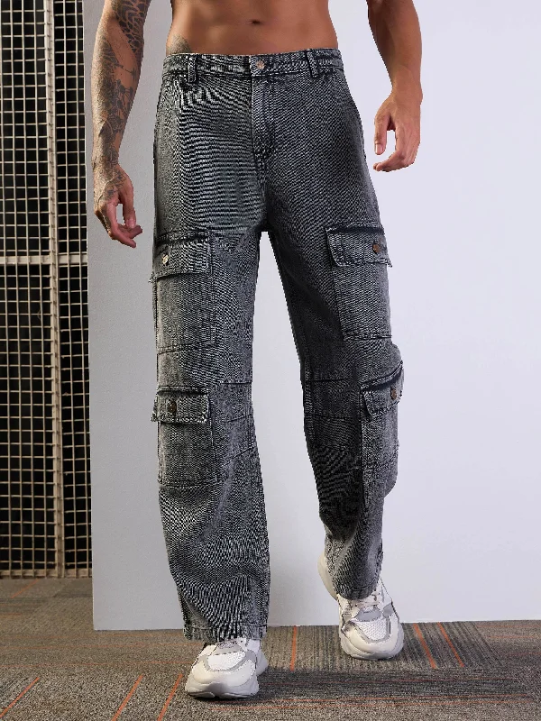 Men's Low - Rise Jeans in a Light Wash for a Casual and Youthful LookMen Grey Washed Multi Pocket Baggy Jeans Men's Low - Rise Jeans in a Light Wash for a Casual and Youthful LookMen Grey Washed Multi Pocket Baggy Jeans