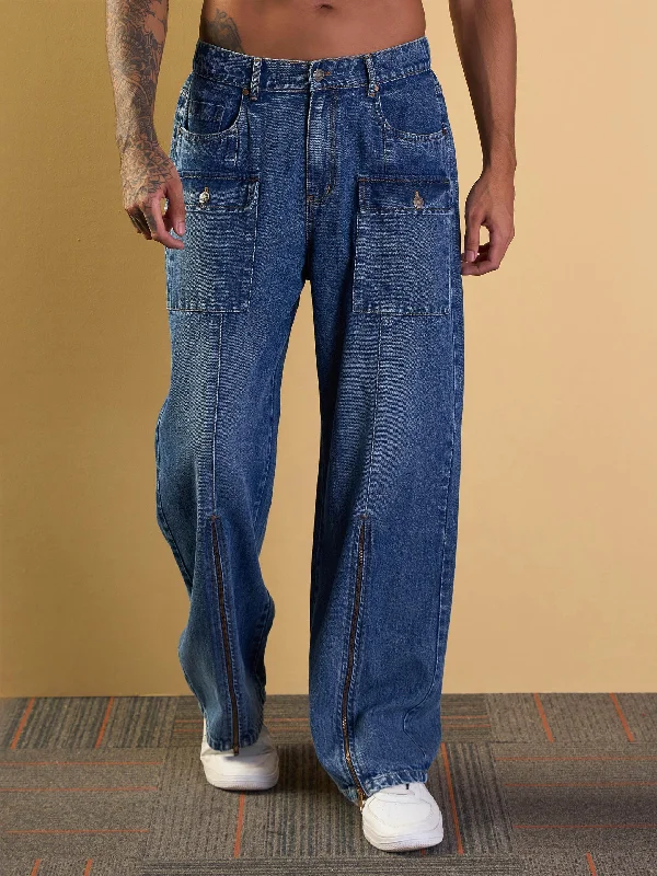Men's Jeans with a Frayed Hem for a Casual and Effortless StyleMen Light Blue Washed Front Zipper Baggy Jeans Men's Jeans with a Frayed Hem for a Casual and Effortless StyleMen Light Blue Washed Front Zipper Baggy Jeans