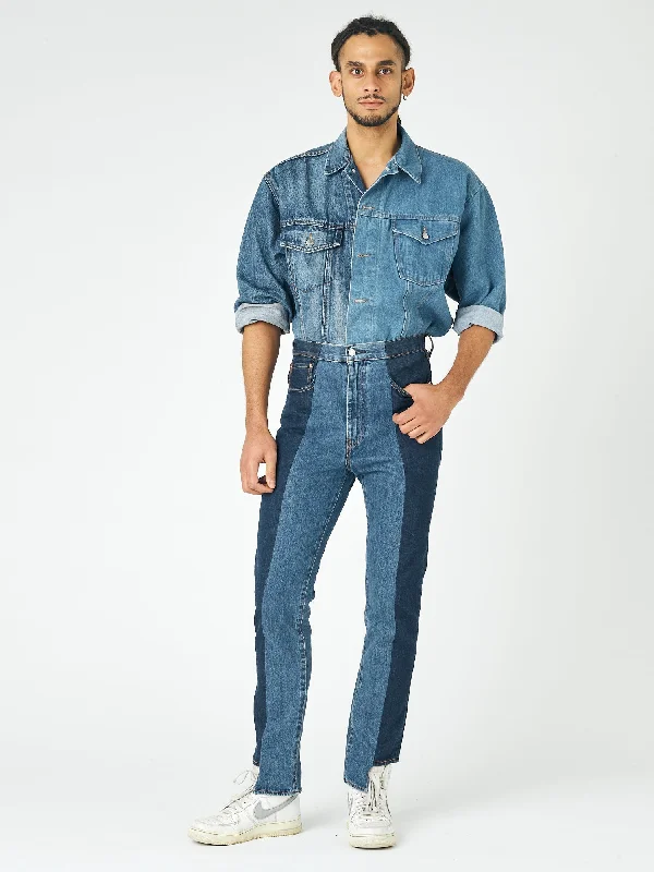 Men's Distressed Jeans with Patches for a Retro and DIY - Inspired AppearanceMen's Straight Leg Jean Dark/Mid Blue Men's Distressed Jeans with Patches for a Retro and DIY - Inspired AppearanceMen's Straight Leg Jean Dark/Mid Blue