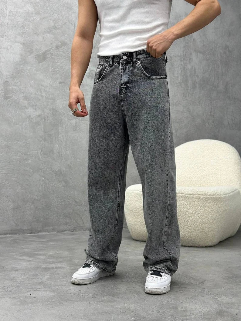 Men's Jeans with a Frayed Hem for a Casual and Effortless StyleMetal Grey Acid Wash Regular Fit Denim