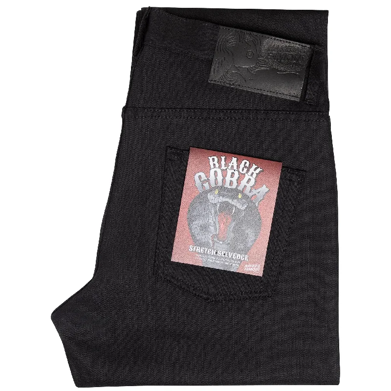 Men's Distressed Jeans with Patches for a Retro and DIY - Inspired AppearanceEasy Guy - Black Cobra Stretch Selvedge Men's Distressed Jeans with Patches for a Retro and DIY - Inspired AppearanceEasy Guy - Black Cobra Stretch Selvedge
