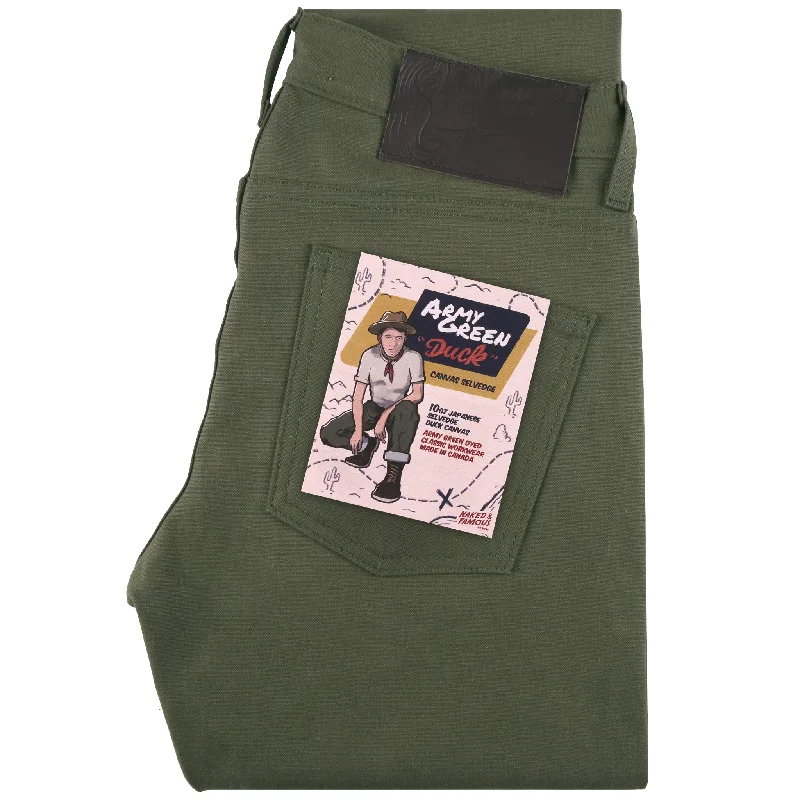 Men's High - Waisted Jeans in a Medium Wash for a Vintage - Style RevivalSuper Guy - Army Green Duck Selvedge Men's High - Waisted Jeans in a Medium Wash for a Vintage - Style RevivalSuper Guy - Army Green Duck Selvedge