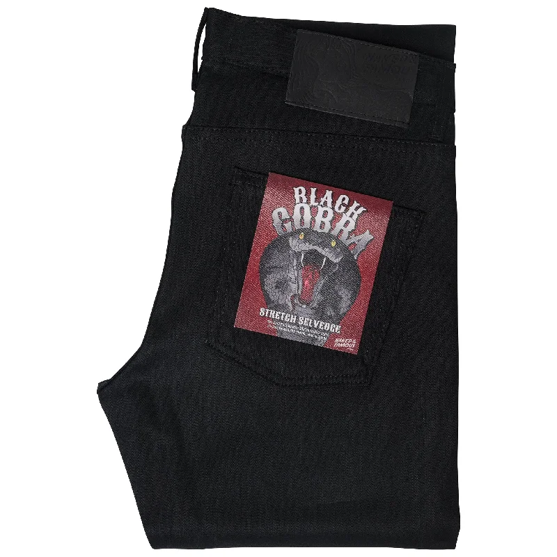 Men's High - Waisted Jeans in a Medium Wash for a Vintage - Style RevivalSuper Guy - Black Cobra Stretch Selvedge Men's High - Waisted Jeans in a Medium Wash for a Vintage - Style RevivalSuper Guy - Black Cobra Stretch Selvedge