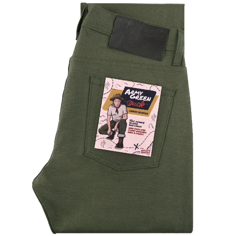 Men's Jeans with a Cargo - Inspired Knee Pocket for Extra StorageWeird Guy - Army Green Duck Selvedge Men's Jeans with a Cargo - Inspired Knee Pocket for Extra StorageWeird Guy - Army Green Duck Selvedge