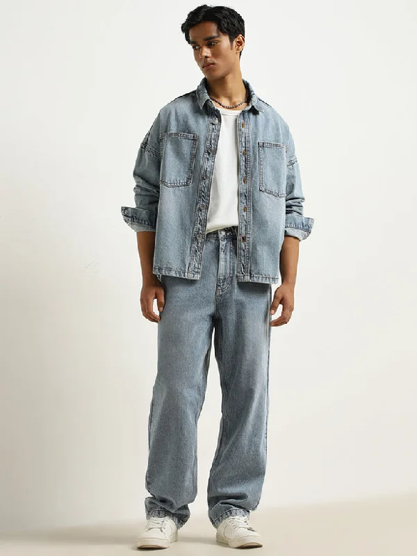 Men's Distressed Jeans with Patches for a Retro and DIY - Inspired AppearanceNuon Blue Relaxed - Fit Mid - Rise Jeans Men's Distressed Jeans with Patches for a Retro and DIY - Inspired AppearanceNuon Blue Relaxed - Fit Mid - Rise Jeans