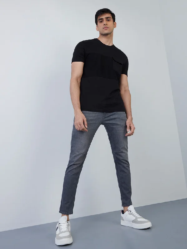 Men's Distressed Jeans with Patches for a Retro and DIY - Inspired AppearanceNuon Grey Slim - Fit Mid - Rise Jeans Men's Distressed Jeans with Patches for a Retro and DIY - Inspired AppearanceNuon Grey Slim - Fit Mid - Rise Jeans