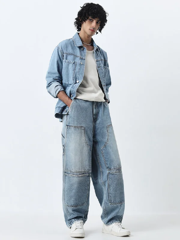 Men's High - Waisted Jeans in a Medium Wash for a Vintage - Style RevivalNuon Light Blue Cargo-Style Relaxed-Fit Mid-Rise Jeans Men's High - Waisted Jeans in a Medium Wash for a Vintage - Style RevivalNuon Light Blue Cargo-Style Relaxed-Fit Mid-Rise Jeans