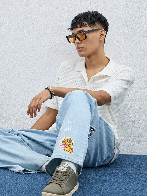 Men's Jeans with a Cargo - Inspired Knee Pocket for Extra StorageNuon Light Blue Text Design Relaxed - Fit Mid - Rise Jeans Men's Jeans with a Cargo - Inspired Knee Pocket for Extra StorageNuon Light Blue Text Design Relaxed - Fit Mid - Rise Jeans