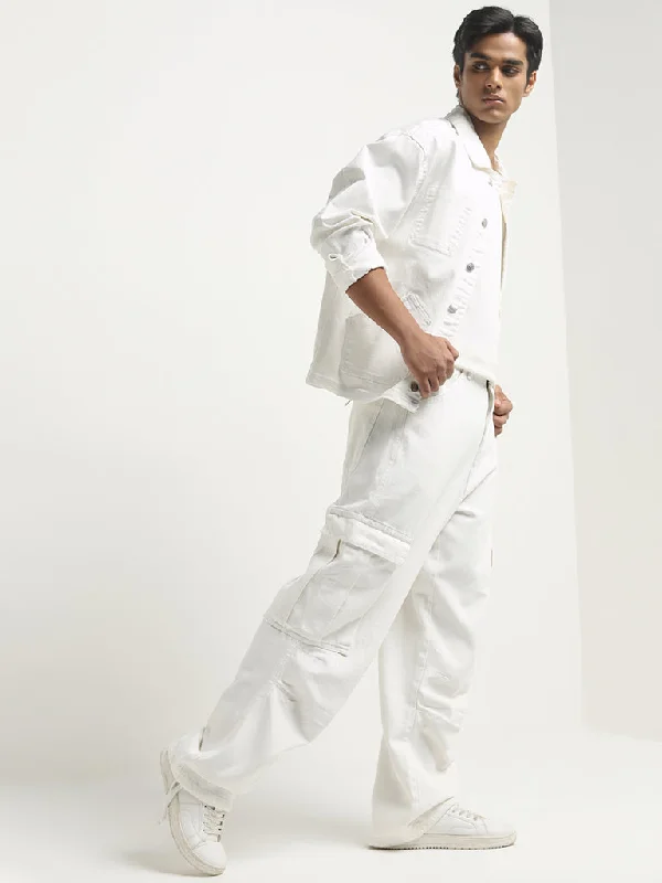 Men's Jeans with a Cargo - Inspired Knee Pocket for Extra StorageNuon White Cargo-Style Relaxed - Fit Mid - Rise Jeans Men's Jeans with a Cargo - Inspired Knee Pocket for Extra StorageNuon White Cargo-Style Relaxed - Fit Mid - Rise Jeans