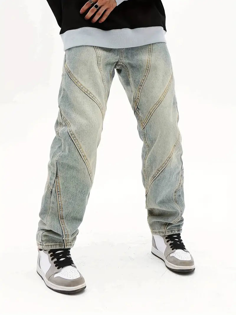 Plus Size Men's Relaxed Fit Jeans with a Faded Wash for a Vintage - Inspired LookOut-Stitch Worn On Straight Leg Jeans Plus Size Men's Relaxed Fit Jeans with a Faded Wash for a Vintage - Inspired LookOut-Stitch Worn On Straight Leg Jeans