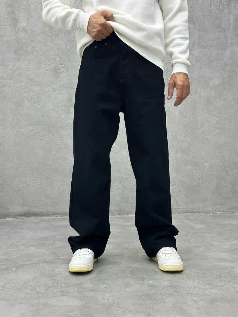 Men's Jeans with an Elastic Waistband for Ultimate ComfortPure Black Baggy Fit Rigid Jeans