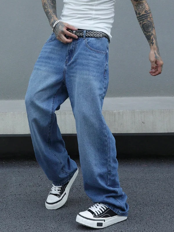 Plus Size Men's Straight Leg Jeans with Reinforced Knees for DurabilityRetro Blue Wash Baggy Jeans Plus Size Men's Straight Leg Jeans with Reinforced Knees for DurabilityRetro Blue Wash Baggy Jeans